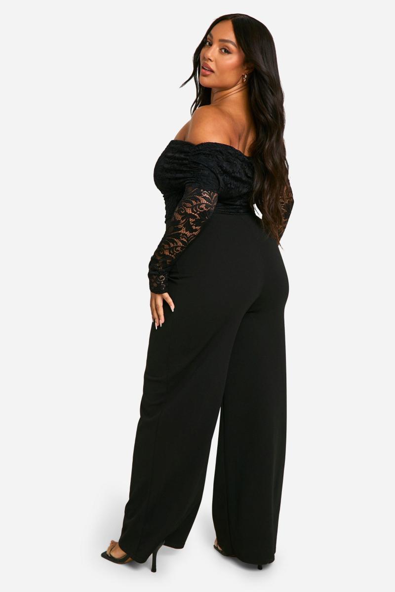 Плюс мереживний широкий комбінезон з відкритими плечима
