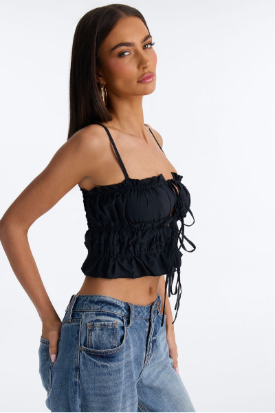 Maelle Tie Front Ruched Poplin Cami Top - Black