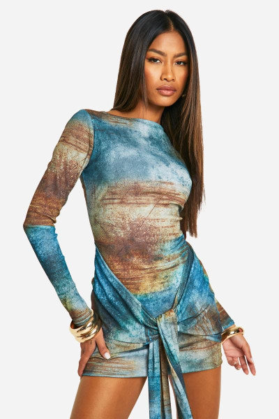 Друкована краватка передня сітка міні -плаття Друкована краватка передня сітка міні -плаття