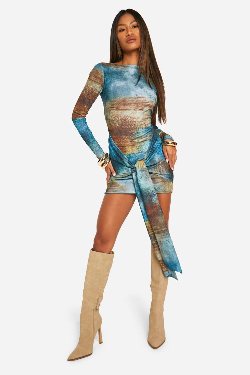 Друкована краватка передня сітка міні -плаття