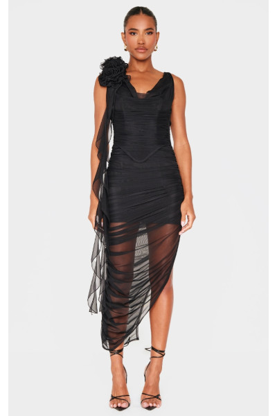 Чорна сукня Midaxi із сітчастим корсажем і рюшами