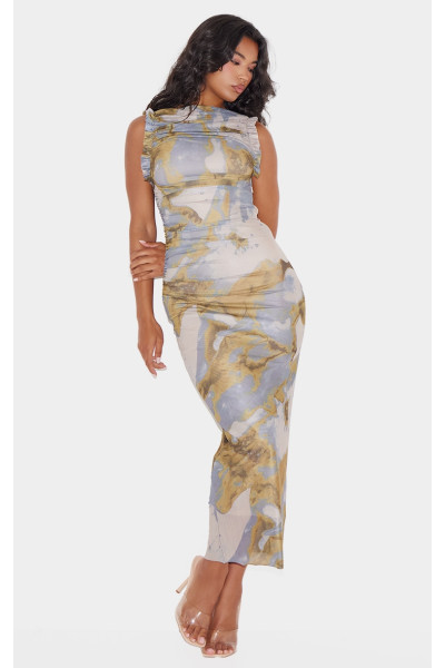 Зелена максі-сукня з гоночним вирізом із сітчастим абстрактним принтом