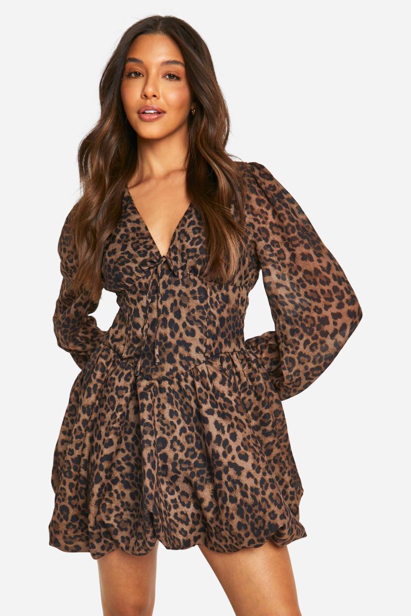 Шифонова сукня-доярка з леопардовим принтом і пухими рукавами