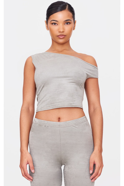 Асиметричний укорочений топ кольору хакі зі штучної замші Асиметричний укорочений топ кольору хакі зі штучної замші