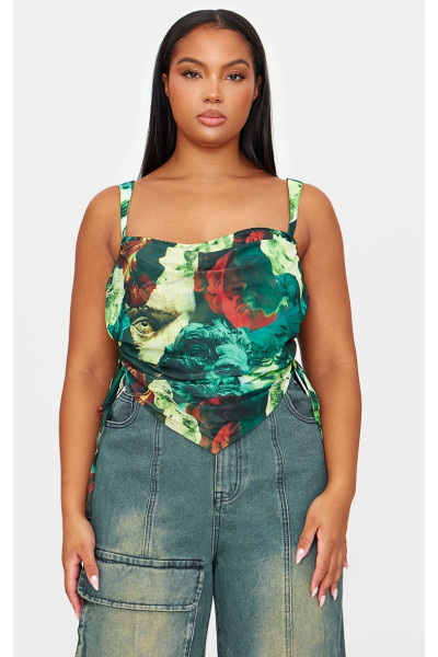 Плюс зелений абстрактний принт із сітчастим багатошаровим корсетом Плюс зелений абстрактний принт із сітчастим багатошаровим корсетом