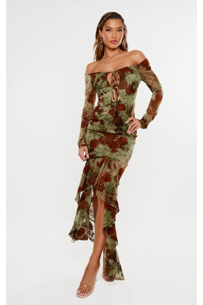 Максі-сукня Devore із зеленим квітковим принтом і відкритими плечима з довгим рукавом