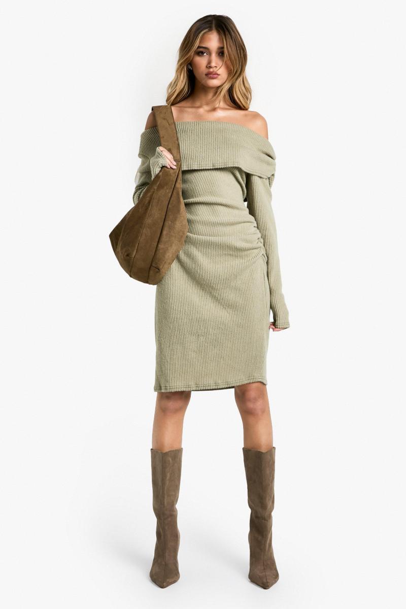 Плюс м'яке реберне асиметричне сукня Ruched BodyCon