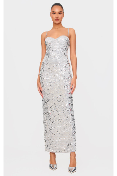 Сукня-максі з корсетними деталями зі сріблястими блискітками