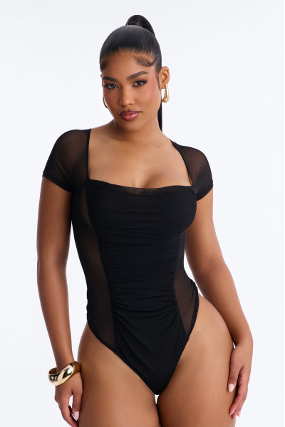 Lilly Ruched Sheer Mesh Short Sleeve Bodysuit - Black