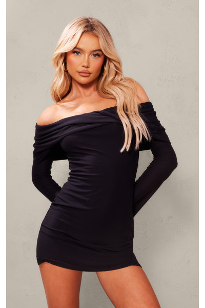 Чорна м'яка облягаюча сукня Bardot Twist