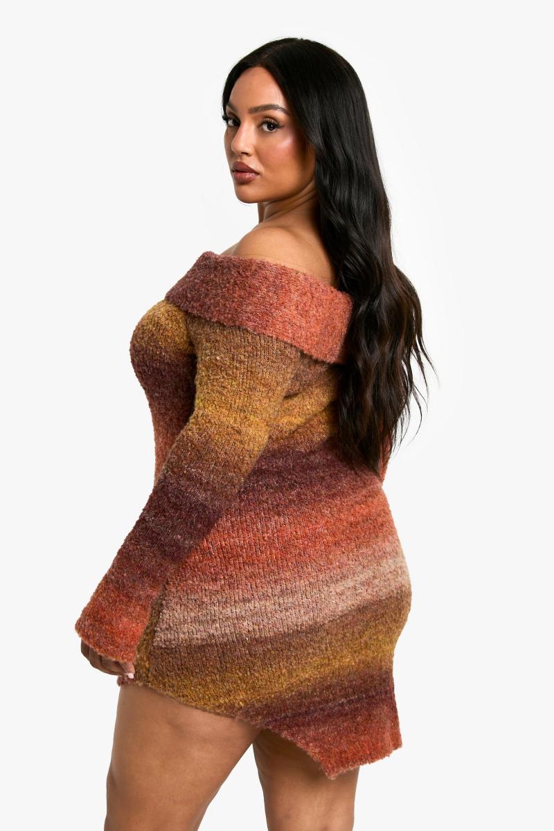 Плюс омбре пухнаста в’язана міні -сукня Bardot Mini