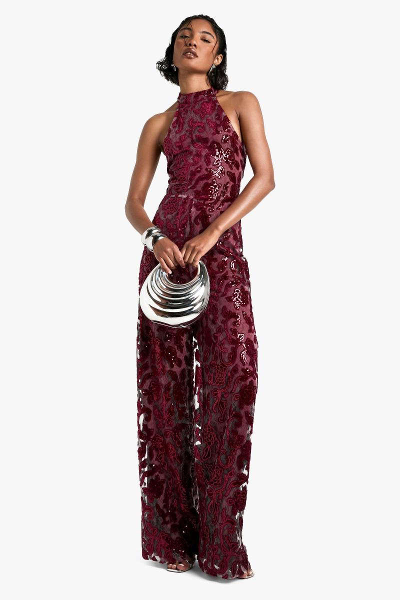 Високий дамаський комбінезон із широкими штанинами