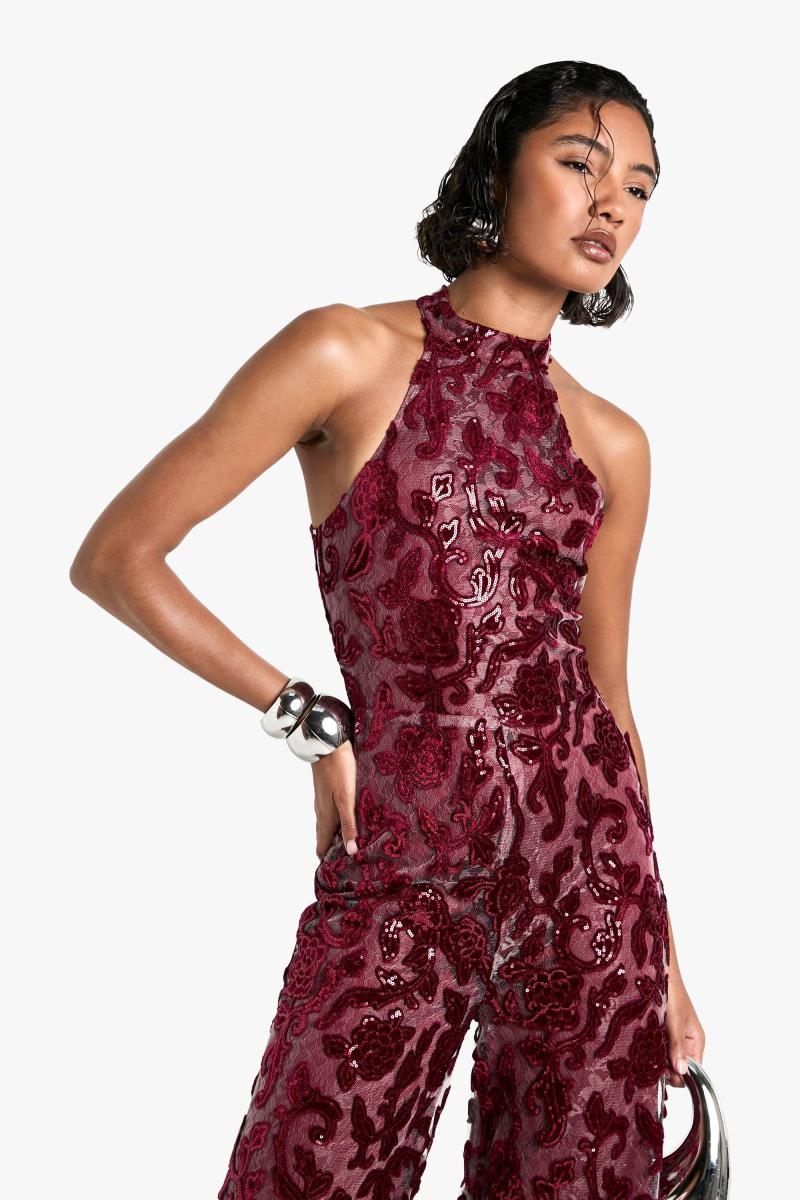 Високий дамаський комбінезон із широкими штанинами