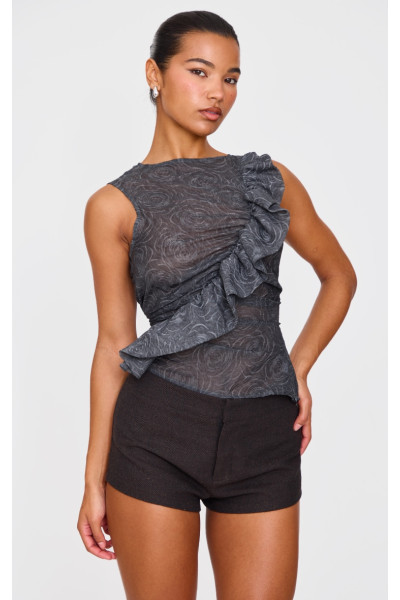 Довгий топ із сірим текстурованим шифоновим воланом Довгий топ із сірим текстурованим шифоновим воланом